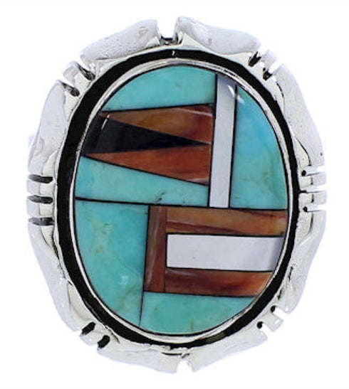 Silver Turquoise Multicolor Inlay Ring Size 7-1/2 JX38254